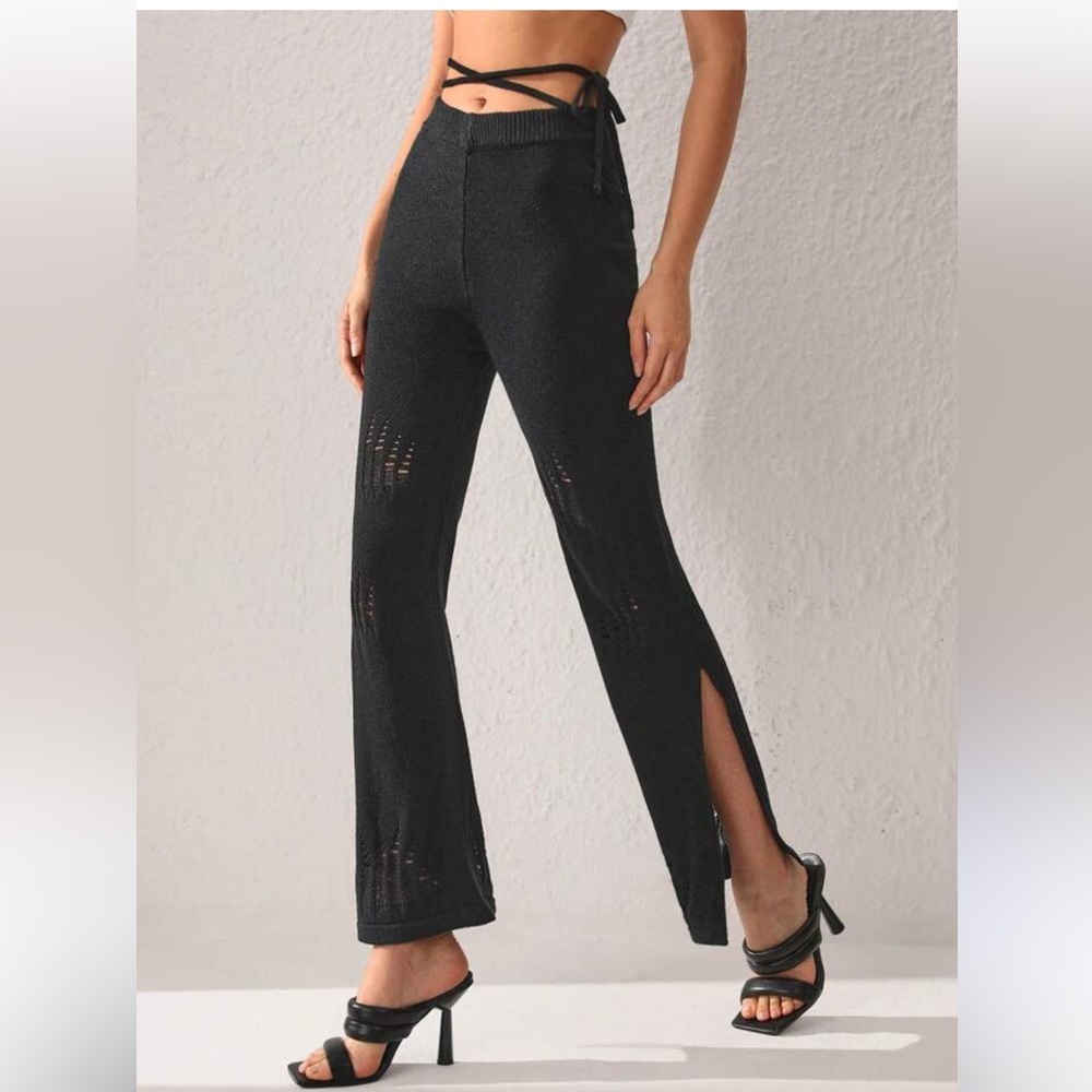 Black Distressed Flare Leg Sweater Pants